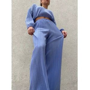 Gianni Bini Blue Pleated Crew Neck Blouse and  pant set